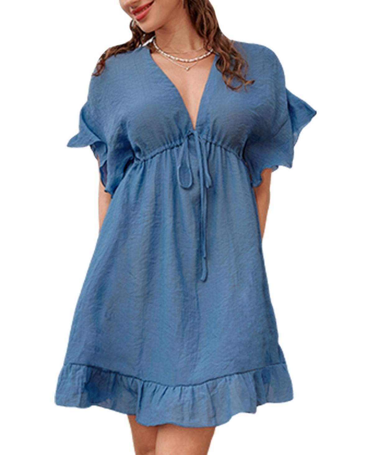 Cupshe Womens Blue Ruffled Tie Front Cover-Up Beach Dress Product Image