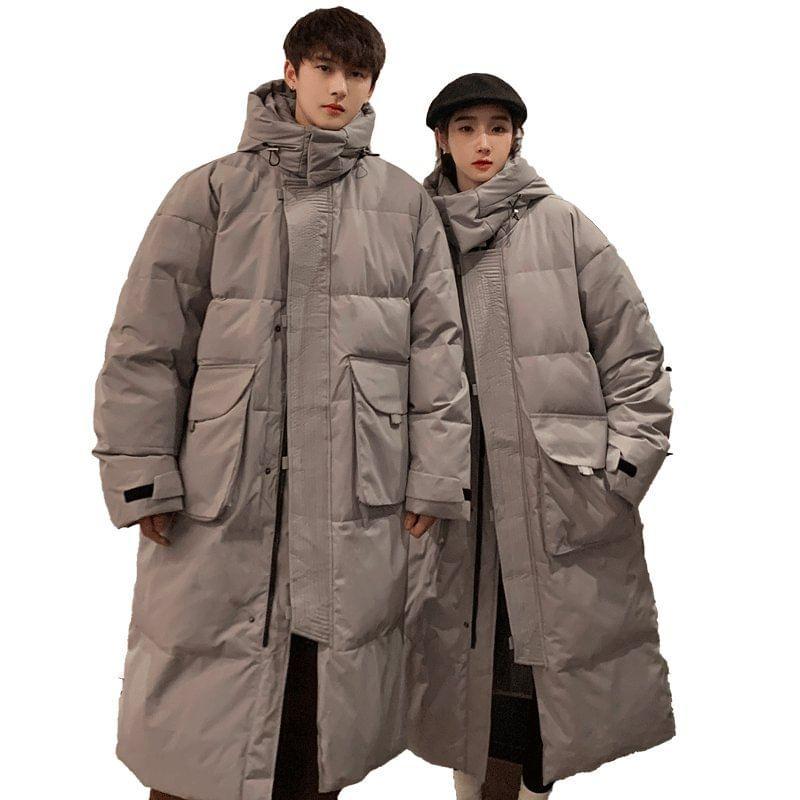 Couple Matching Stand Collar Plain Hood Midi Zip Puffer Coat Product Image