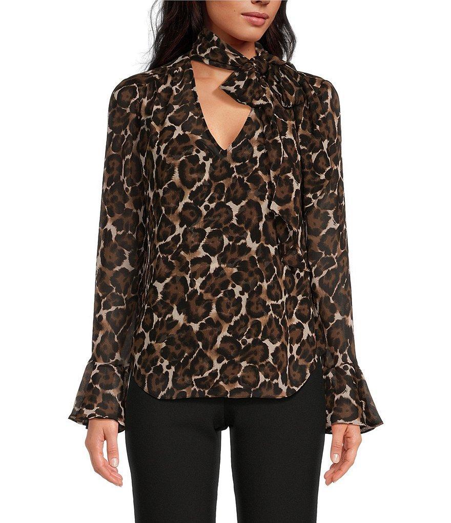 Trina Turk Alora Crinkle Georgette Leopard Print V-Neck Long Bell Sleeve Top Product Image