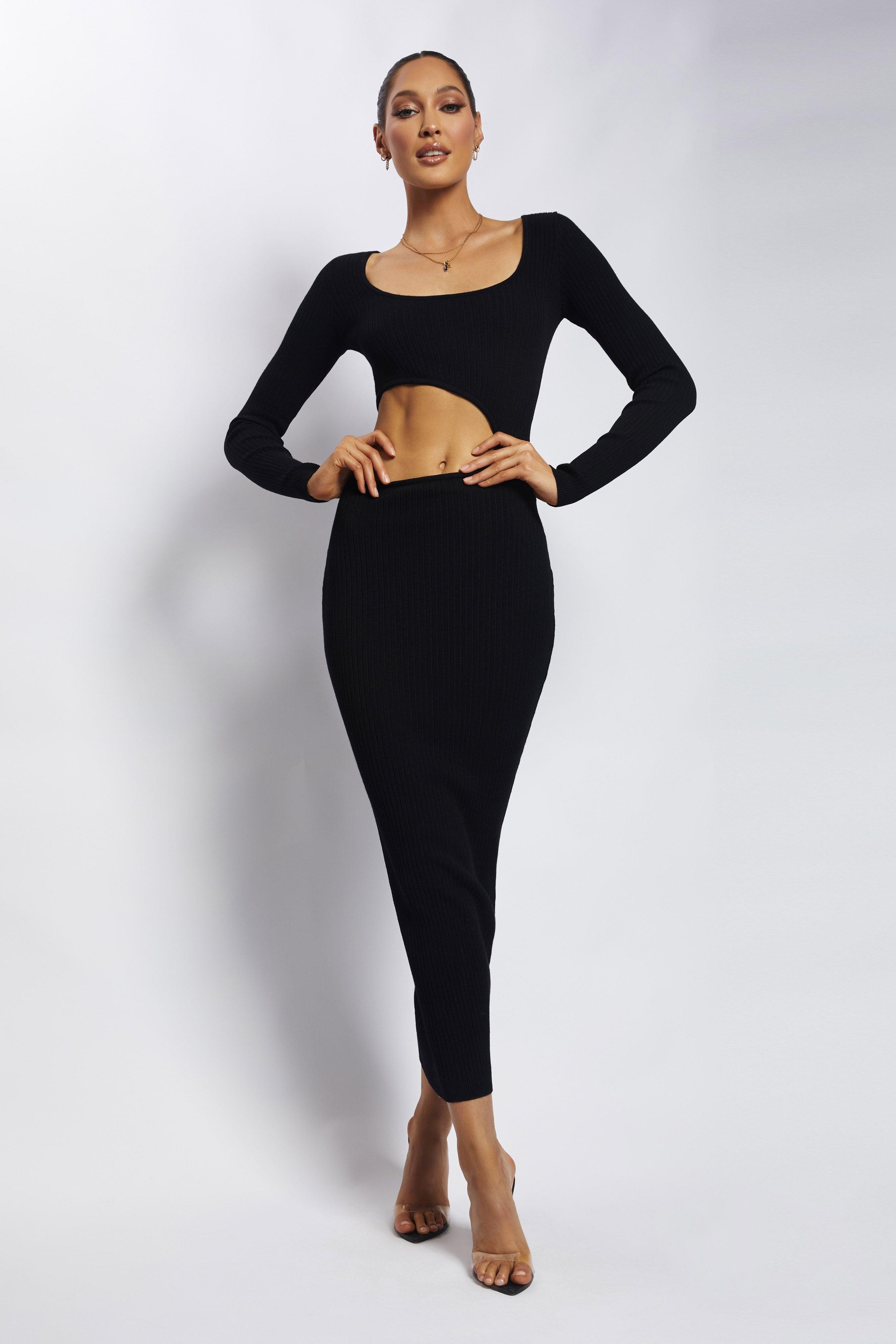 Gaia Cut Out Asymmetric Knitted Midi Dress - Black Product Image