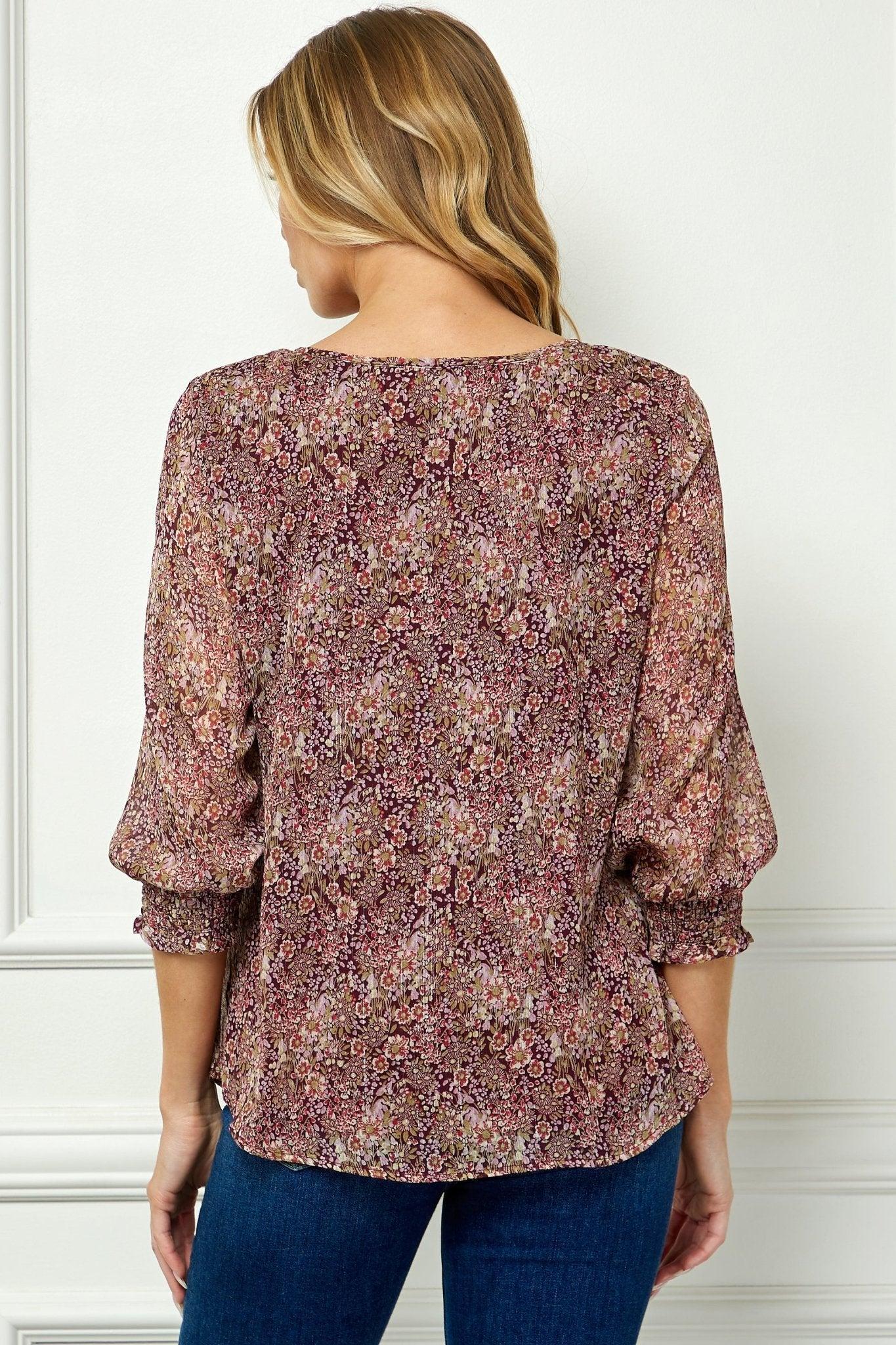 Burgundy Floral 3/4 Sleeve Blouse Female Product Image