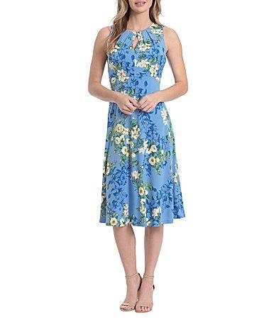 London Times Floral Print Sleeveless Pleated Keyhole Neck Midi Dress Product Image