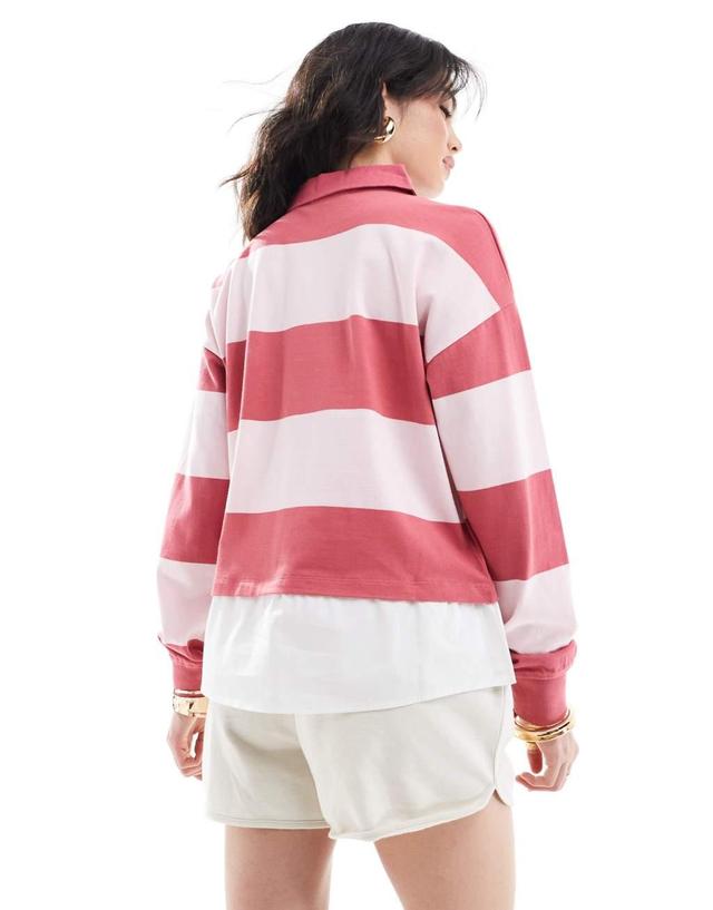 Mango striped polo top in pink Product Image