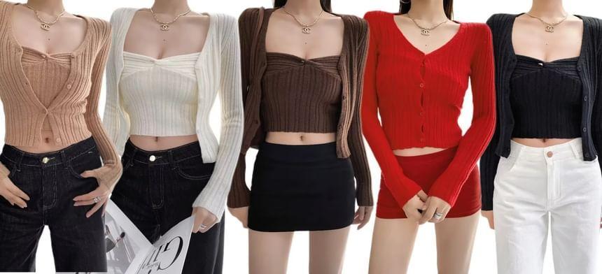 Set: Plain Cardigan + Twisted Crop Cami Top Product Image