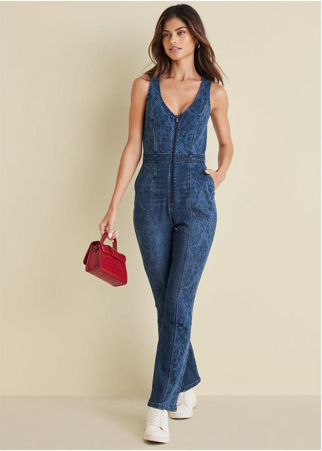 Lace Print Denim Jumpsuit - Medium Wash Product Image