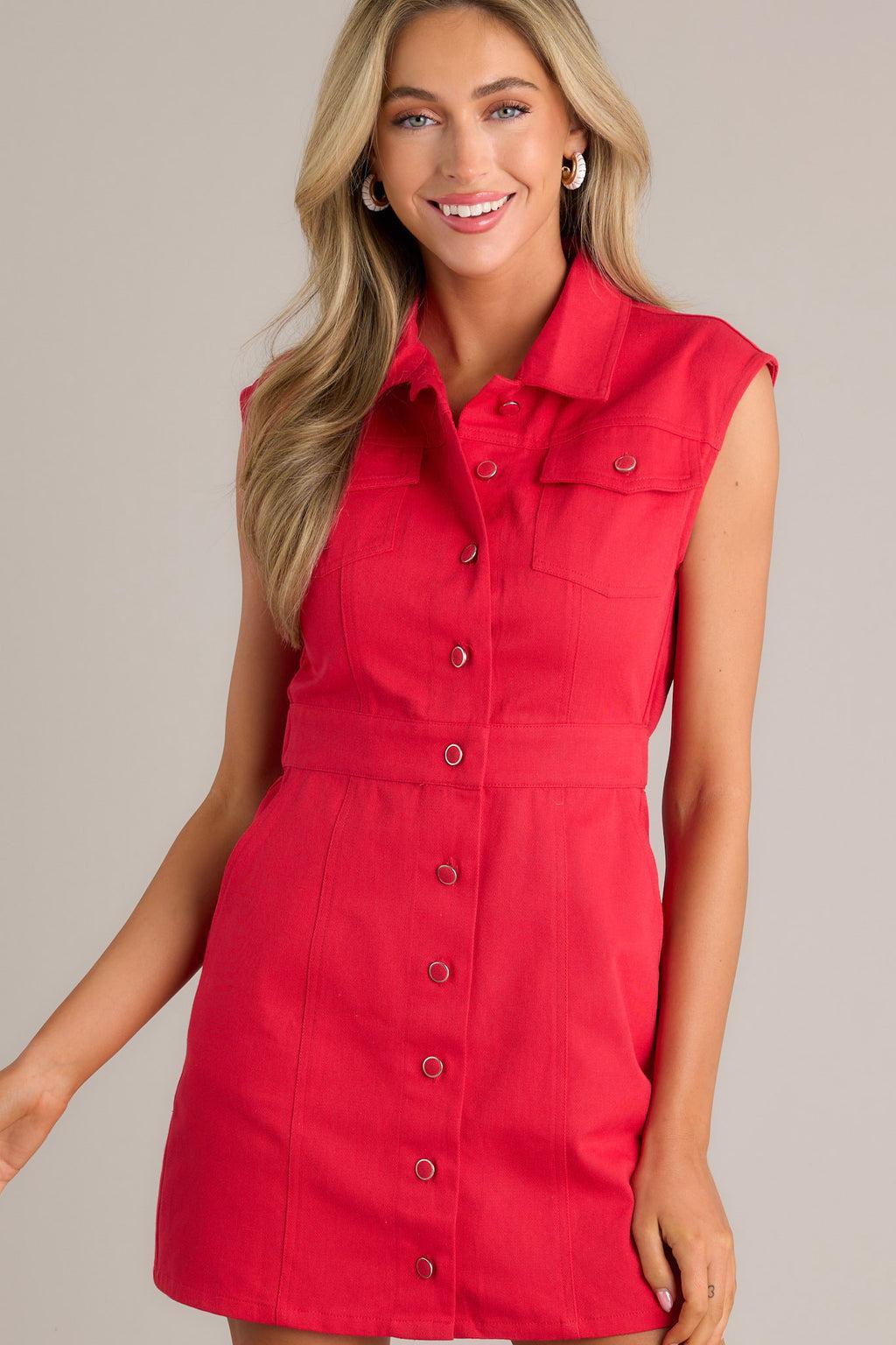 Cherry Bombshell 100% Cotton Red Denim Mini Dress Product Image