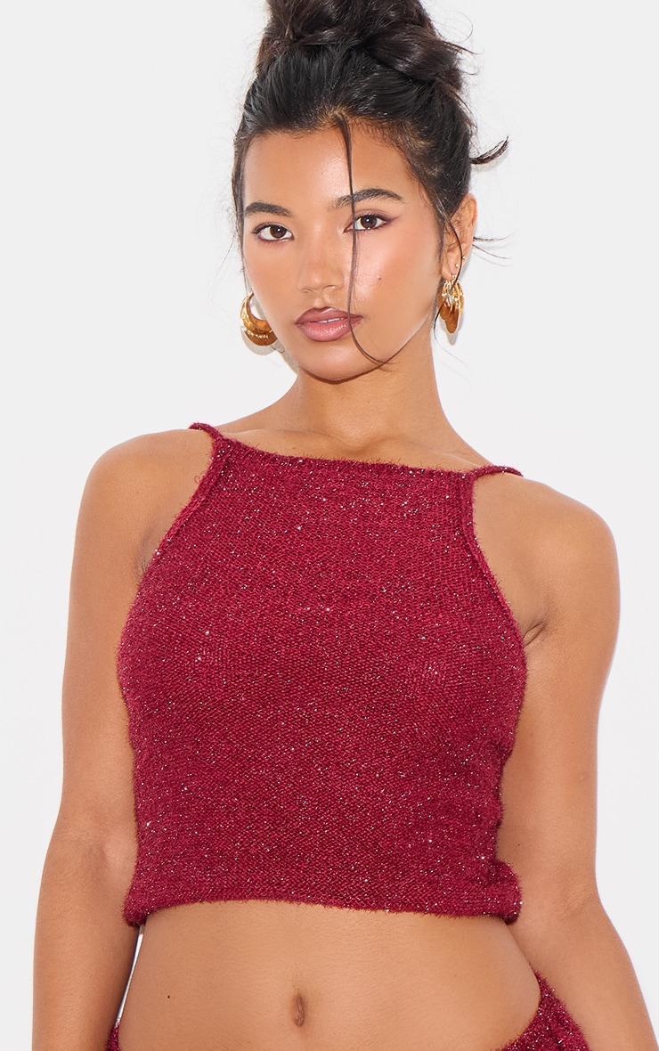 Wine Tinsel Knit Detail Cami Crop Top Product Image