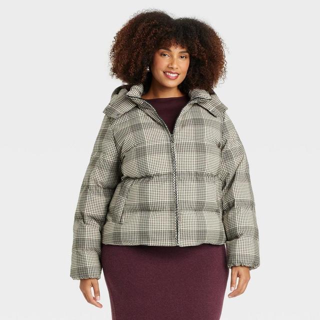 Womens Hooded Puffer Jacket - A New Day Plaid XXL Product Image