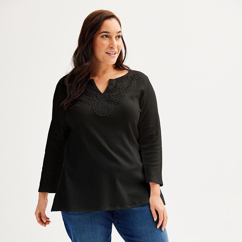 Plus Size Croft & Barrow Lace Split Neck Top, Womens Product Image