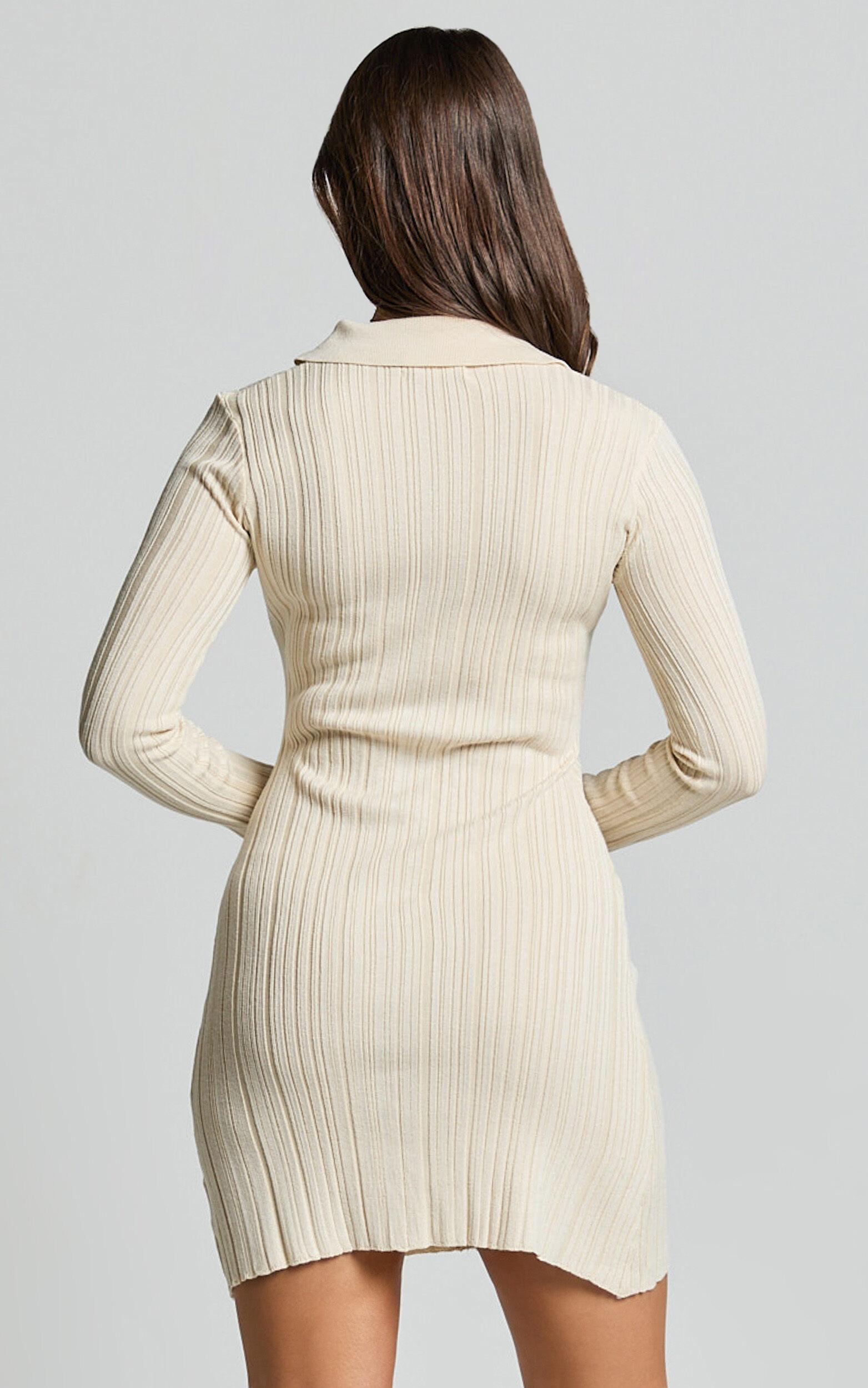 Kelsey Mini Dress - Button Through Long Sleeve Knit Dress in Cream Product Image