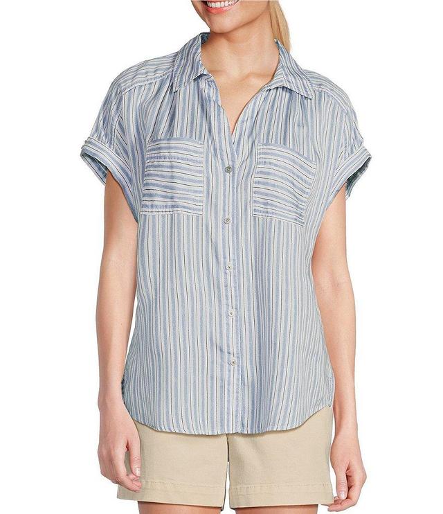 Westbound Petite Size The Camp Shirt Stripe Short Sleeve Collared Y-Neck Patch Pocket Button Front Shirt Product Image