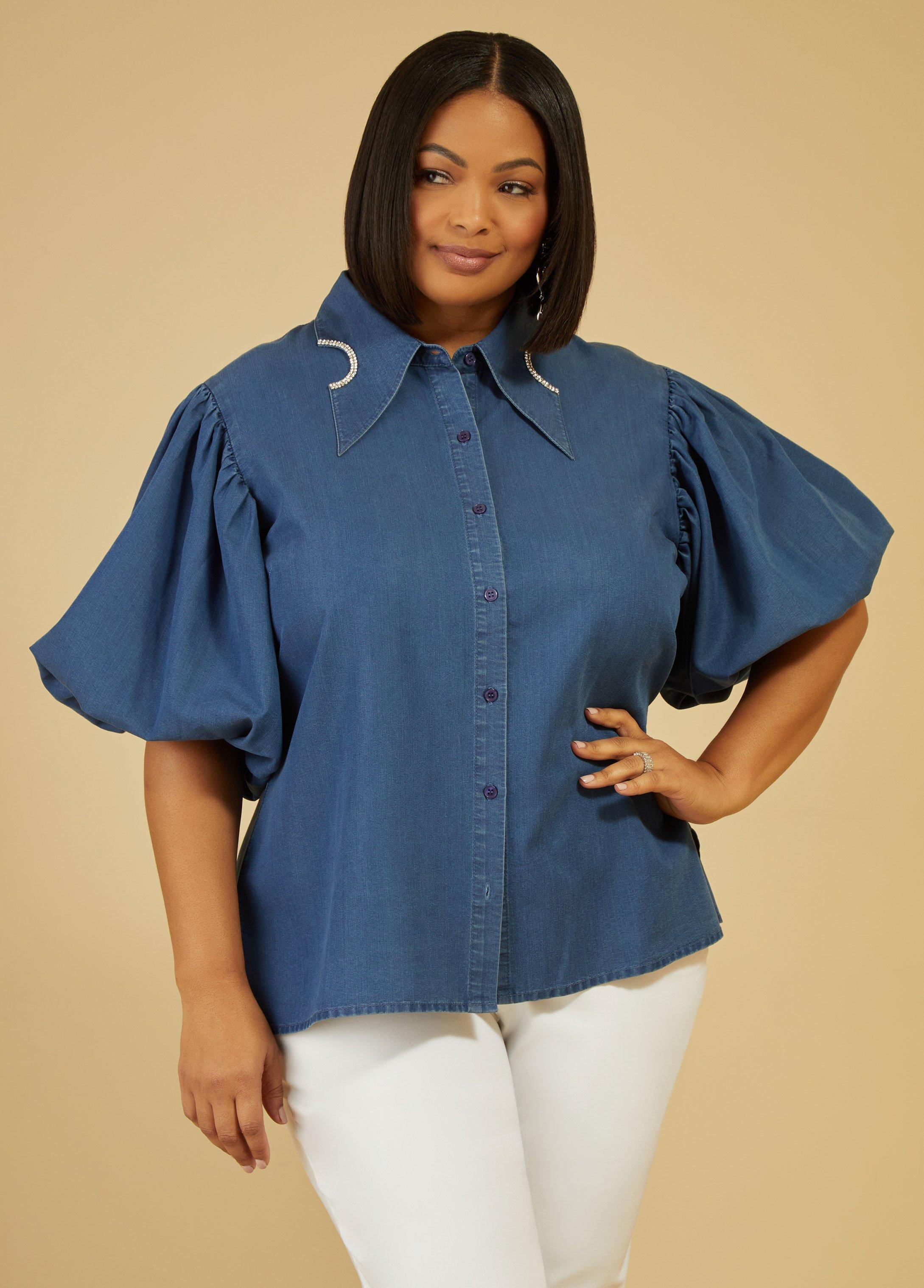 Plus Size Crystal Puff Sleeved Denim Shirt Ashley Stewart Product Image