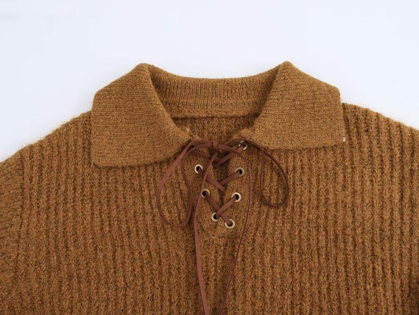 Collared Plain Lace-Up Sweater Product Image