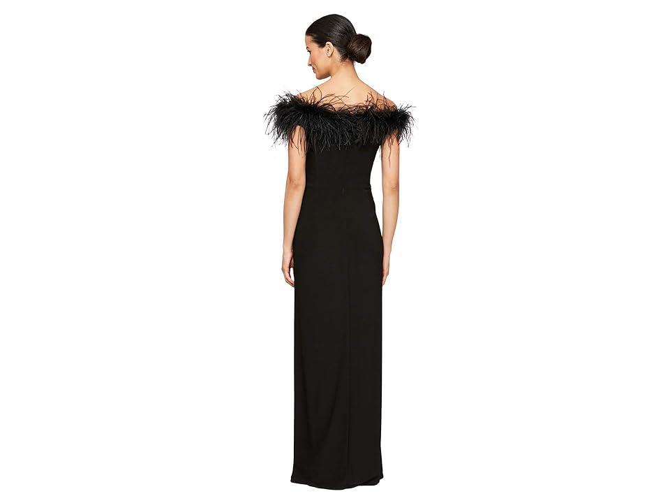 Alex Evenings Long Off-the-Shoulder Gown w/ Maribou Detail (Black) Women's Clothing Product Image