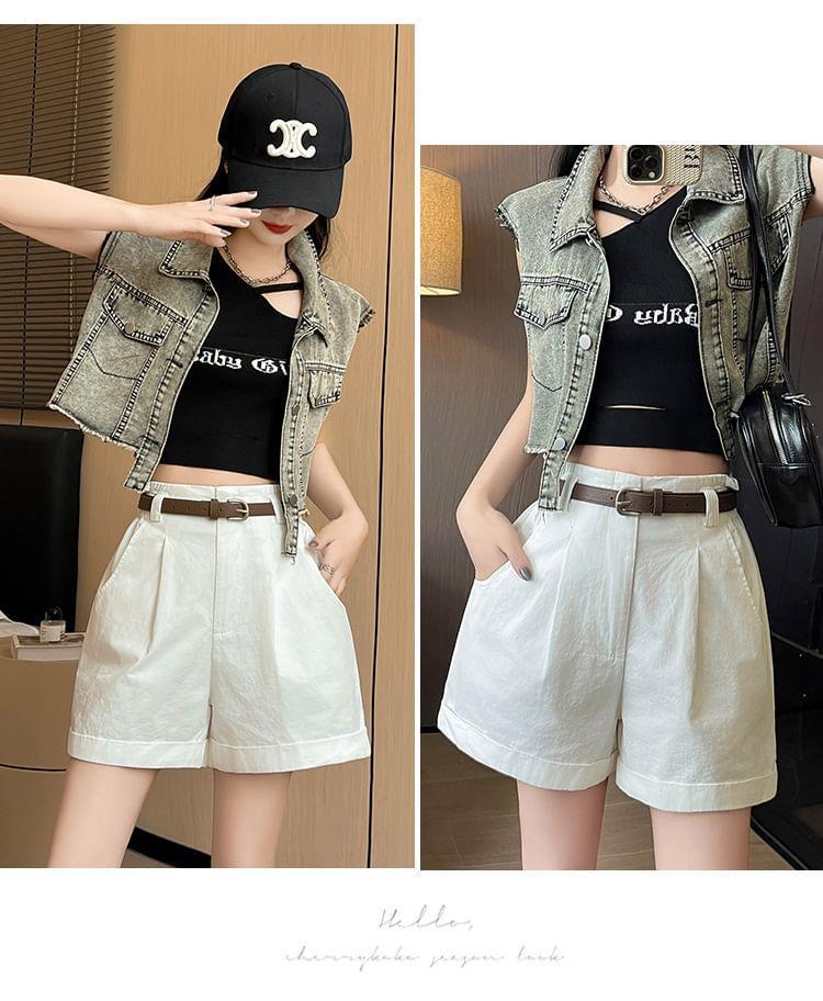 High Waist Pleated Casual Shorts With Rolled Hem Product Image