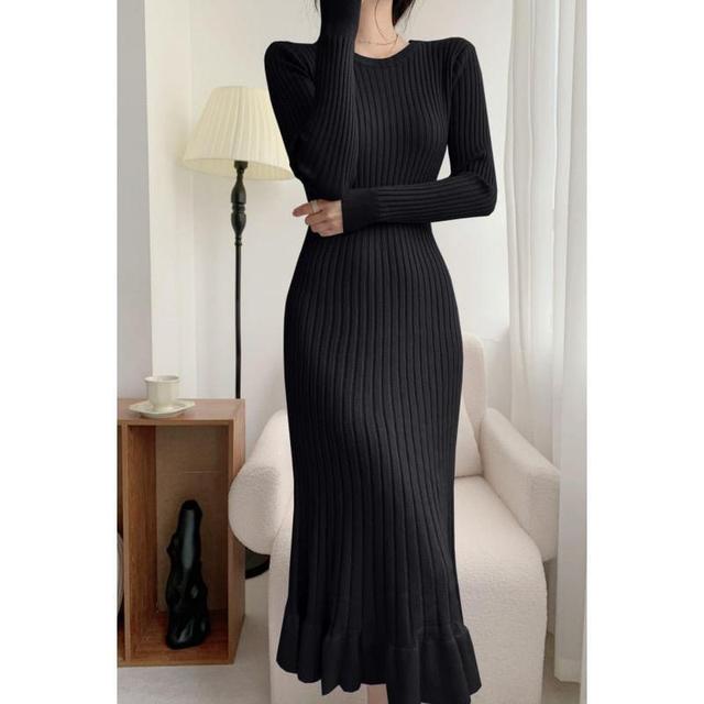 Long-Sleeve Round Neck Plain Ribbed Midi Sheath Knit Dress Product Image