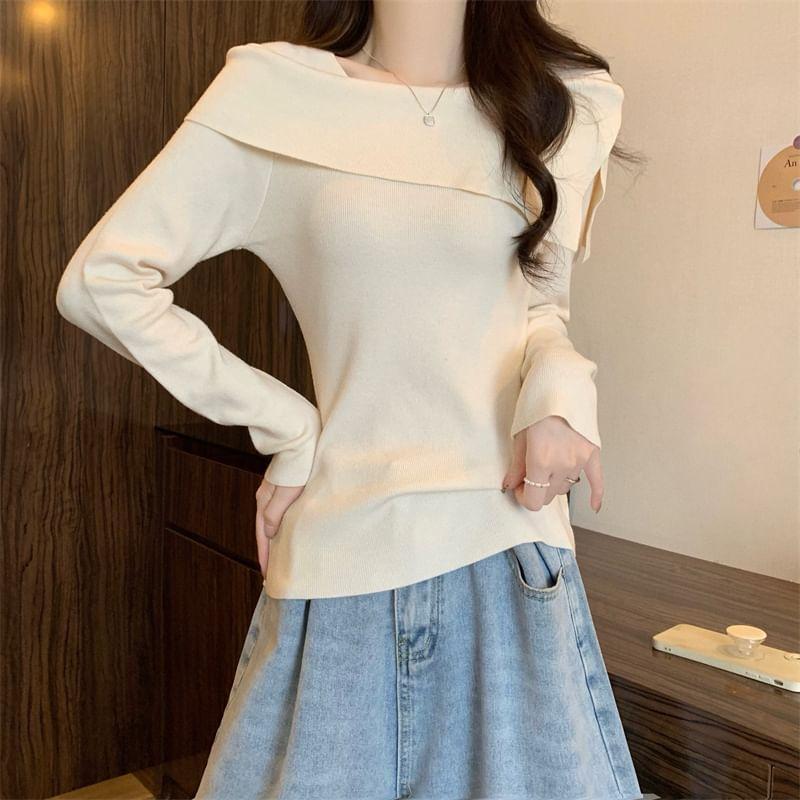 Long-Sleeve Asymmetrical Neck Plain Slim Fit Knit Top Product Image