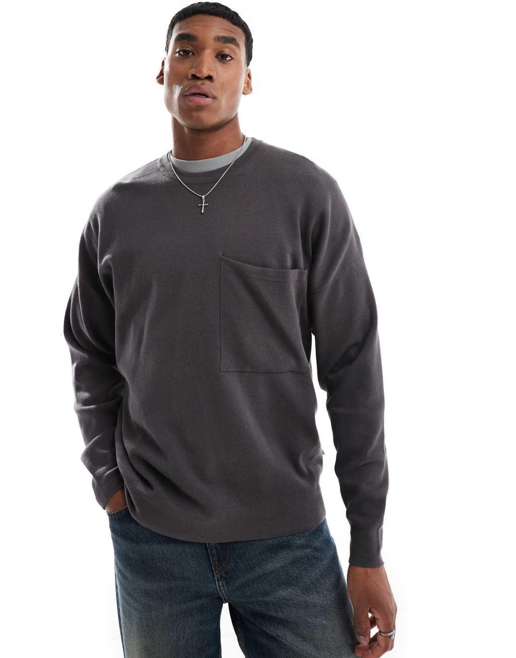 ONLY & SONS crew neck long sleeve drop shoulder knit in dark gray Product Image