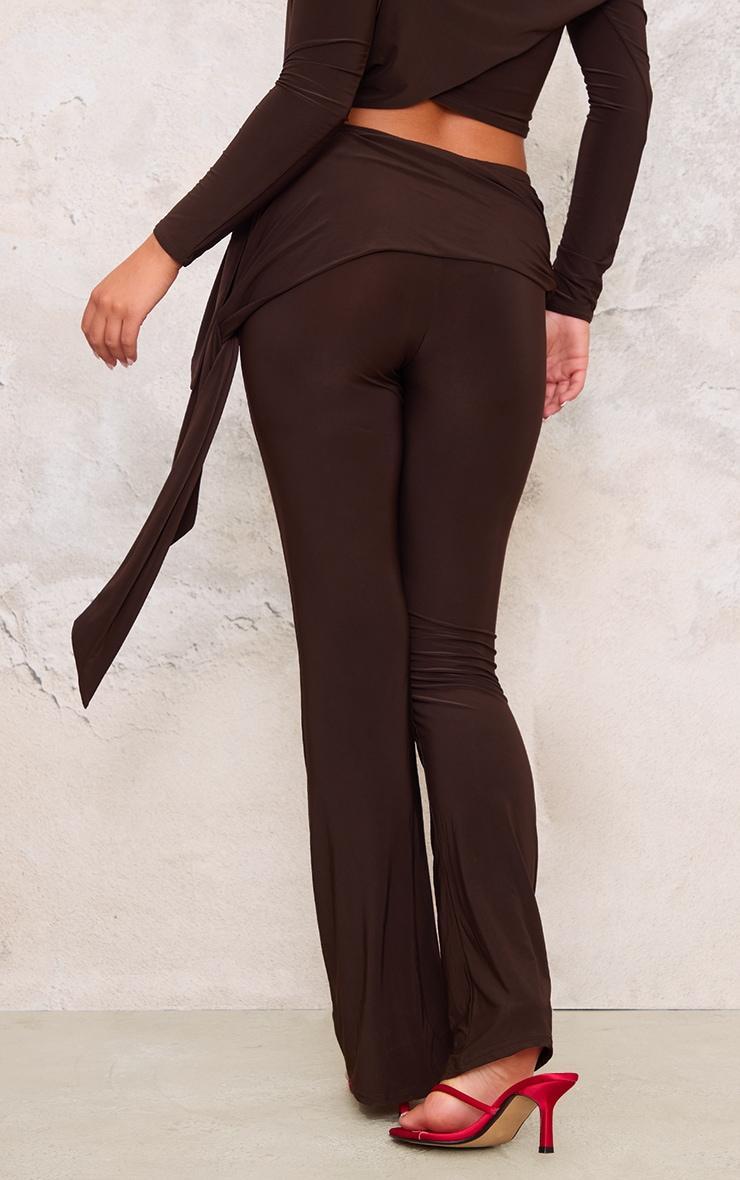 Chocolate Slinky Ruched Tie Detail Flare Trousers Product Image