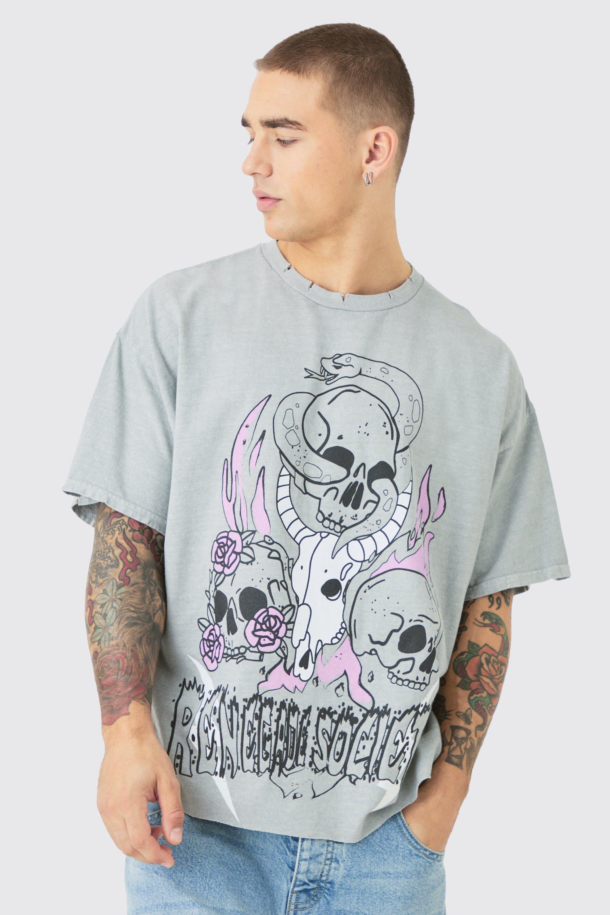 Mens Grey Oversized Heavyweight Skull Wash Graphic T-shirt, Grey Product Image