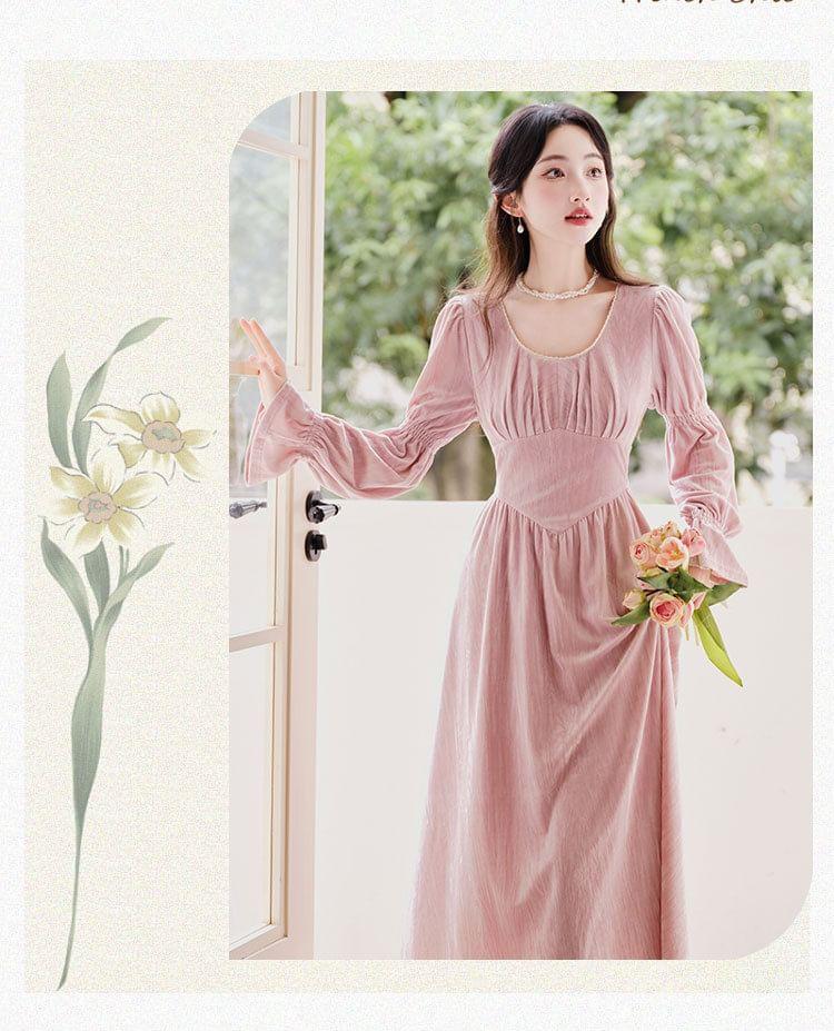 Long-Sleeve U-Neck Velvet Midi A-Line Dress Product Image