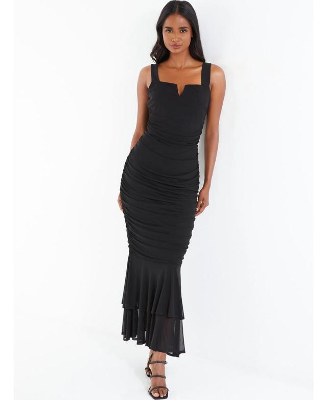 Quiz Womens Black Mesh Notch Neck Maxi Dress Product Image