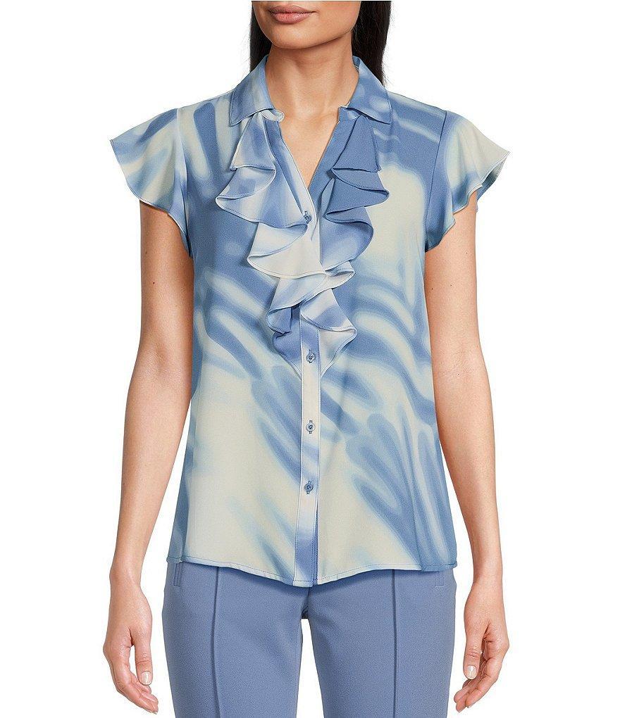 Calvin Klein Printed Collared Cascading Ruffle Front Flutter Cap Sleeve Button Front Blouse Product Image