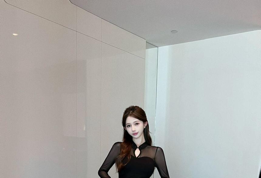 Long-Sleeve Stand Collar Plain Mesh Panel Cutout Slit Maxi Bodycon Dress Product Image