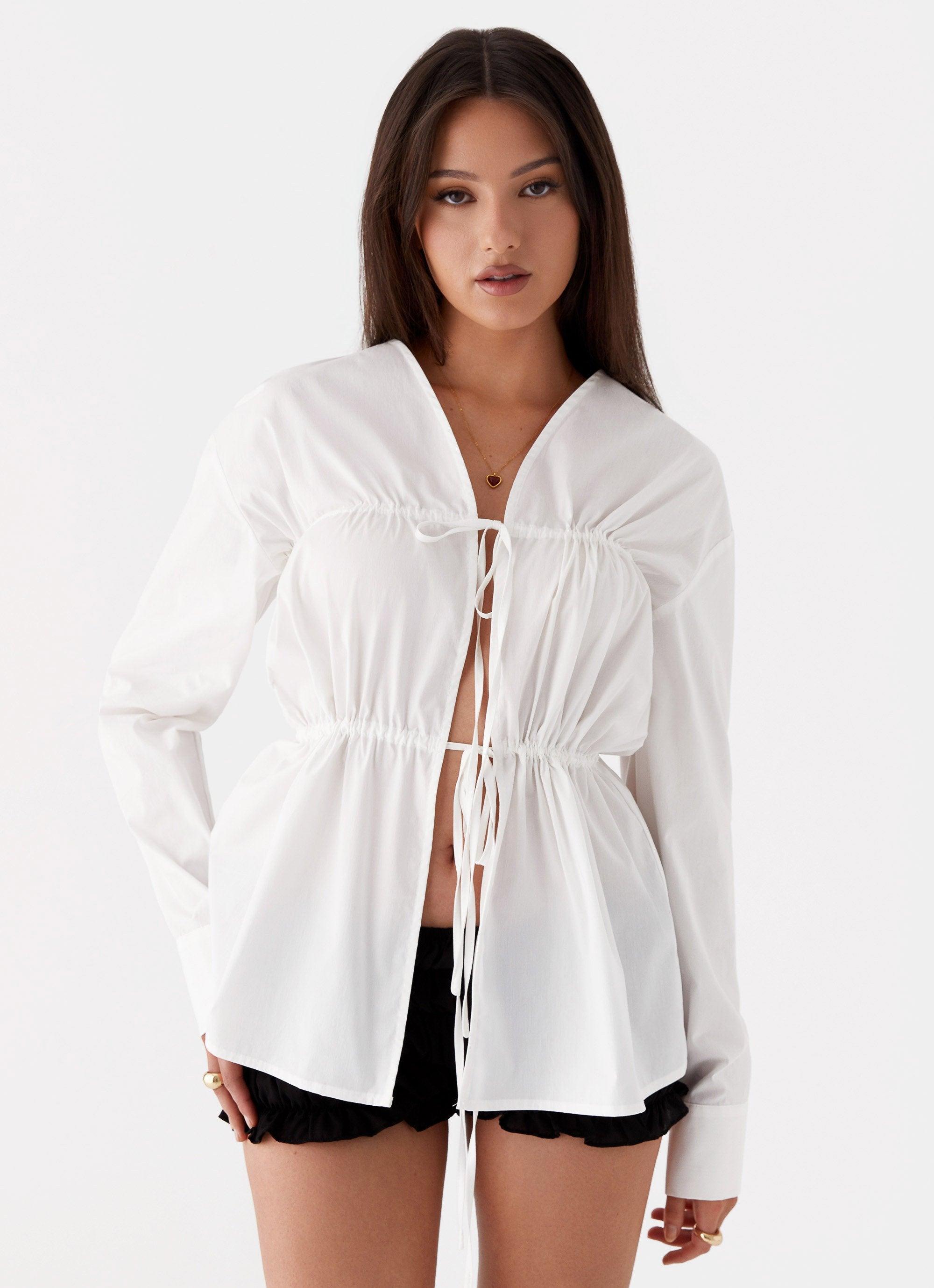 Bridget Ruched Tie Front Shirt - White Product Image