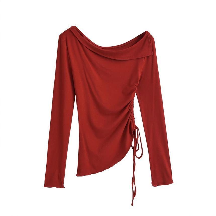 One-Shoulder Long-Sleeve Plain Shirred T-Shirt Product Image