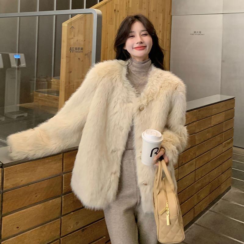 V-Neck Plain Fluffy Button Jacket Product Image