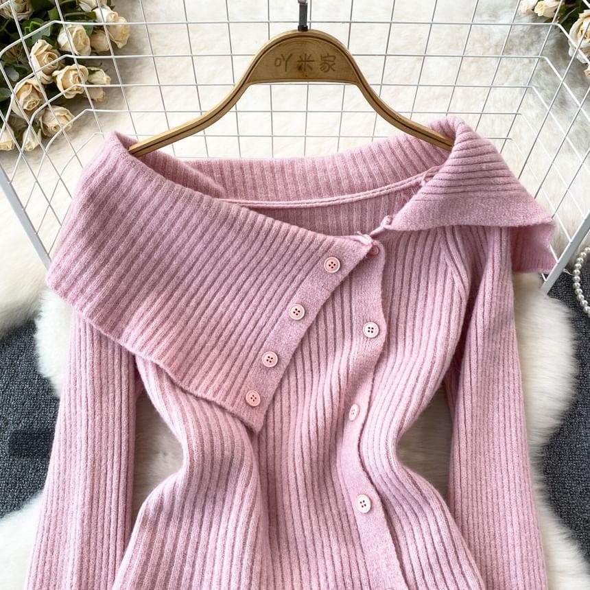 Asymmetrical Neck Plain Ribbed Sweater Product Image