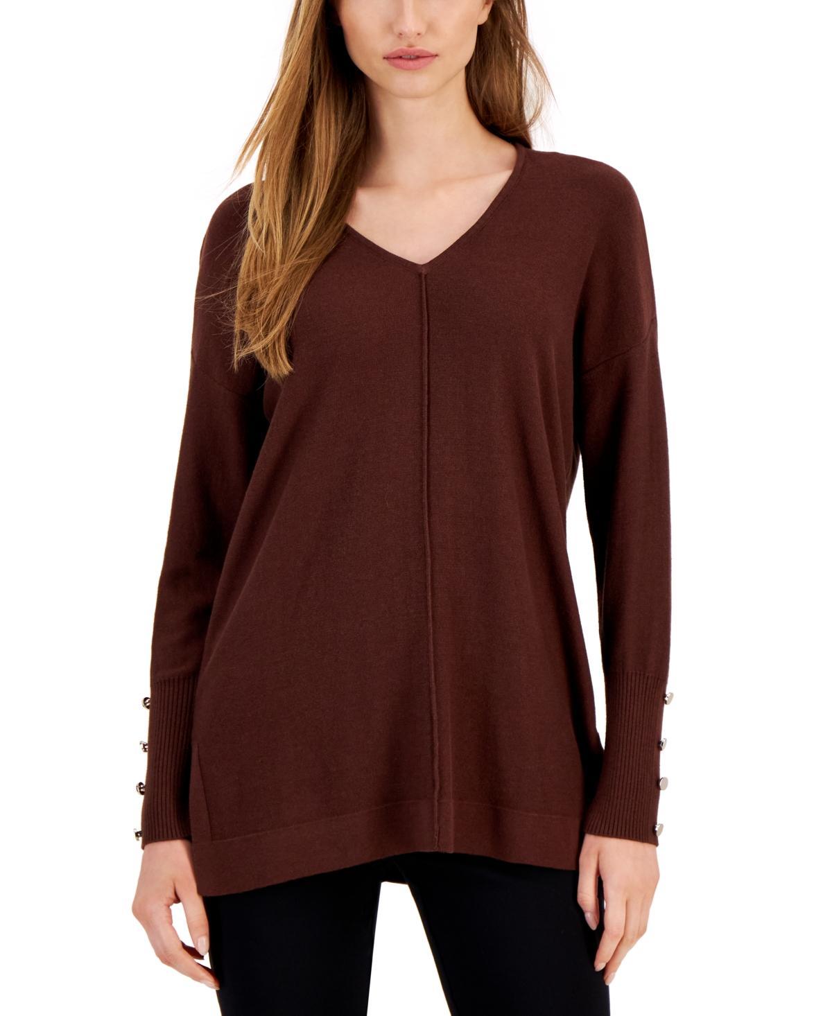 Anne Klein Womens Seamed-Front Button-Cuff V-Neck Sweater Product Image