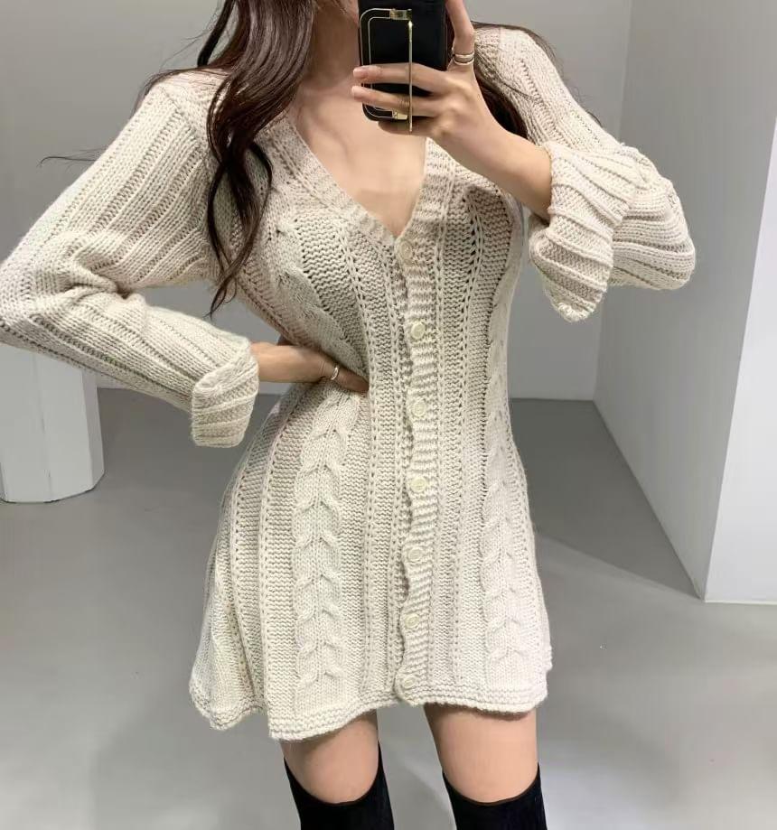 Long-Sleeve V-Neck Cable Knit Button Front Mini Sheath Knit Dress Product Image