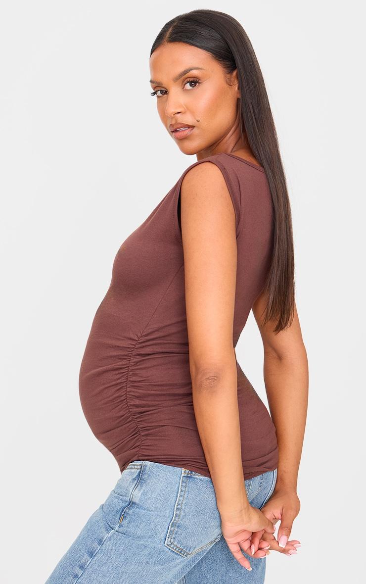 Maternity Chocolate Boat Neck Ruched Sleeveless Top Product Image