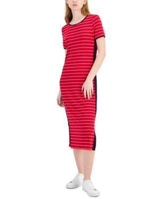 Tommy Hilfiger Womens Striped Ribbed Midi Dress Product Image