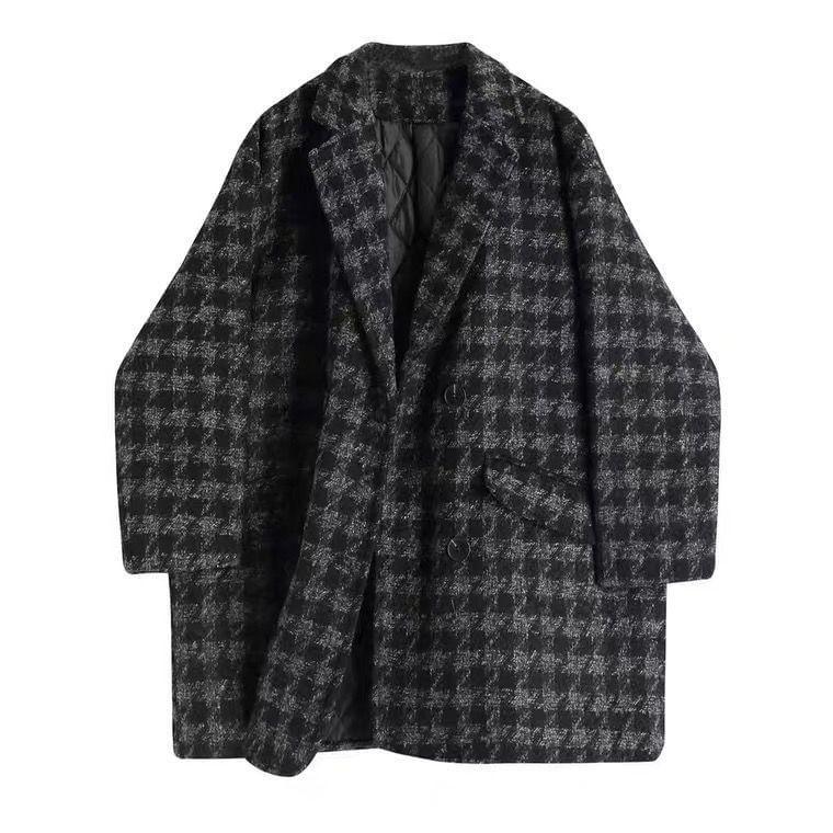 Lapel Collar Houndstooth Double-Breasted Coat Product Image