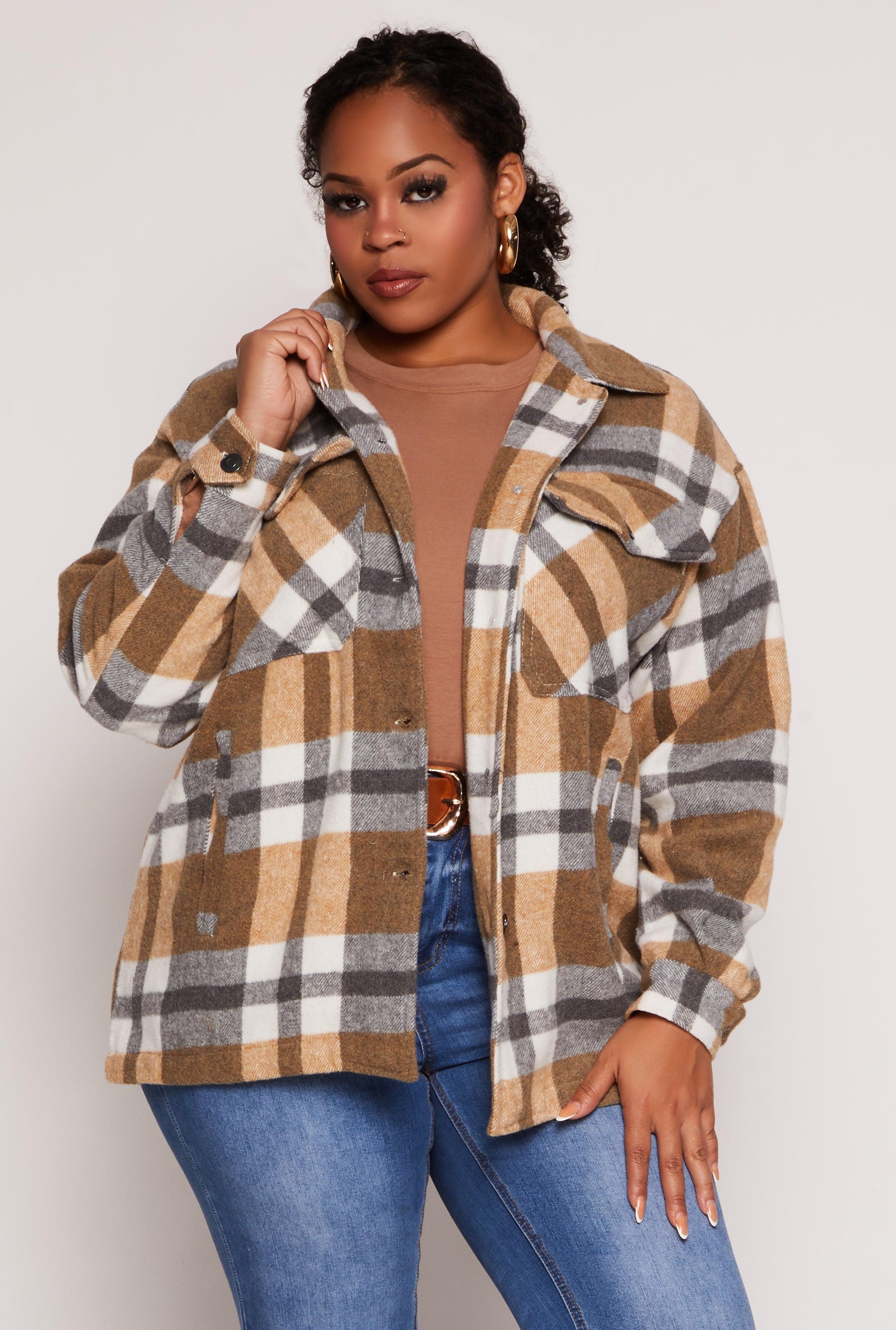 Womens Plus Size Brushed Knit Plaid Shacket Product Image