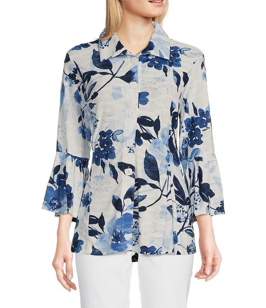 Ali Miles Knit Floral Print Point Collar 3/4 Bell Sleeve Button-Front Tunic Product Image