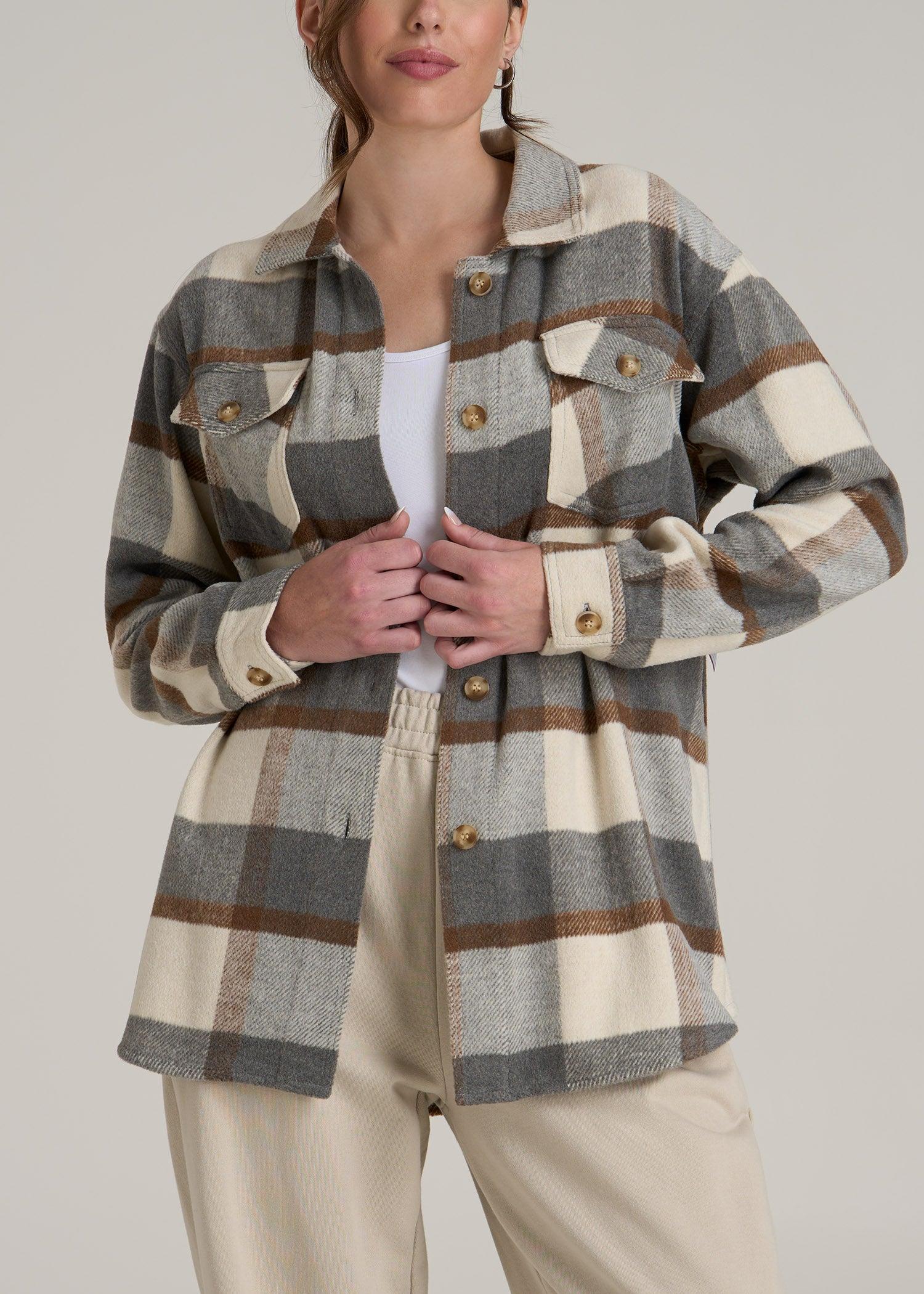 Flannel Women's Tall Shacket in Grey and Cream Plaid Female Product Image