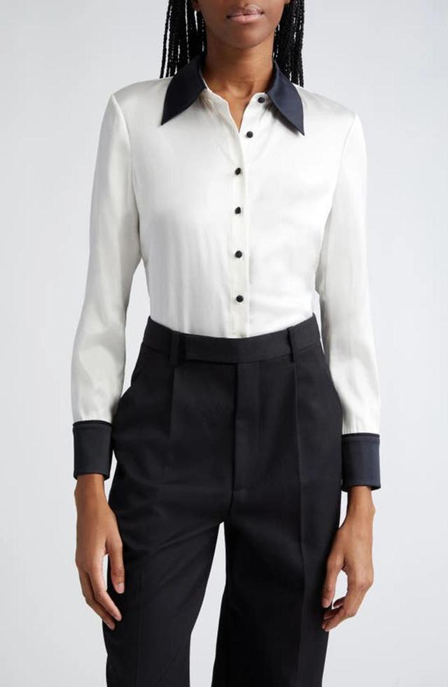 Alice + Olivia Willa Contrast Trim Stretch Silk Button-Up Shirt Product Image