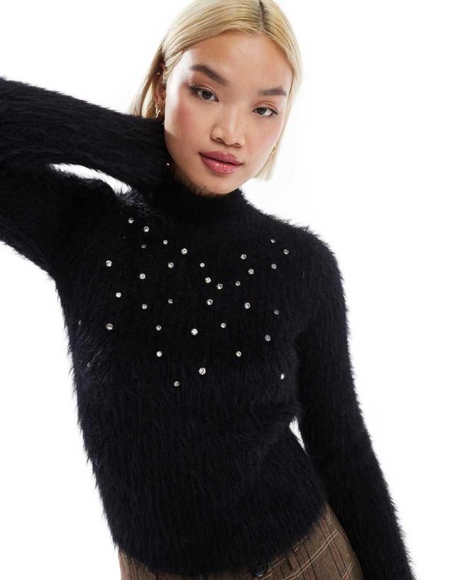 Miss Selfridge embellished lash funnel neck long sleeve sweater in black Product Image