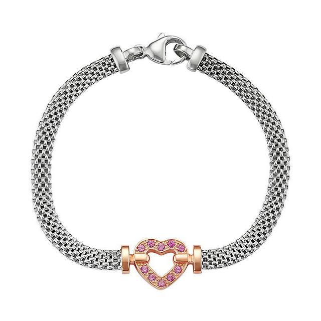 Two Tone Sterling Silver Lab-Created Pink Sapphire Heart Bracelet, Womens Product Image