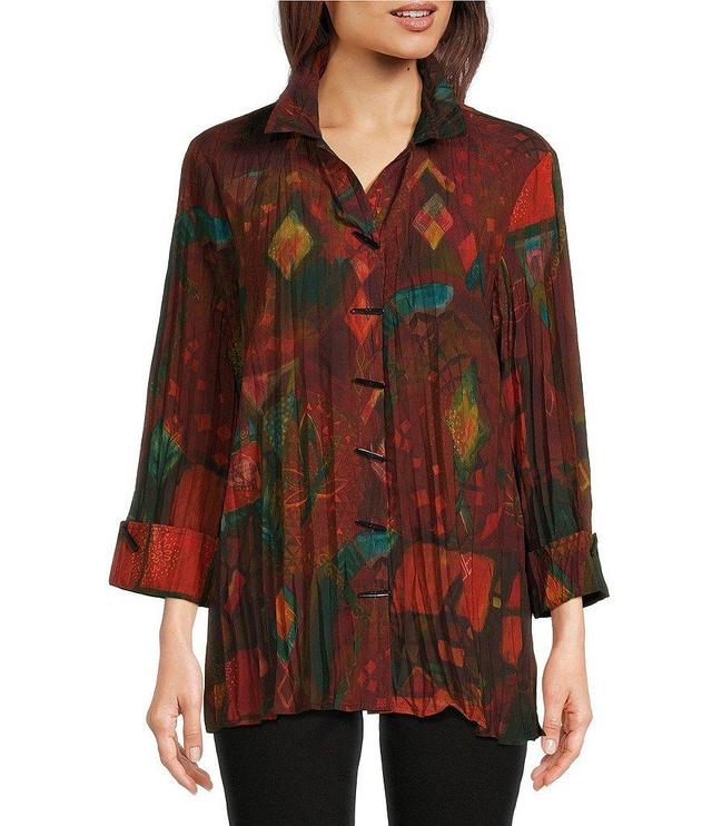 Ali Miles Printed Collared 3/4 Cuffed Sleeve Button Down Top Product Image