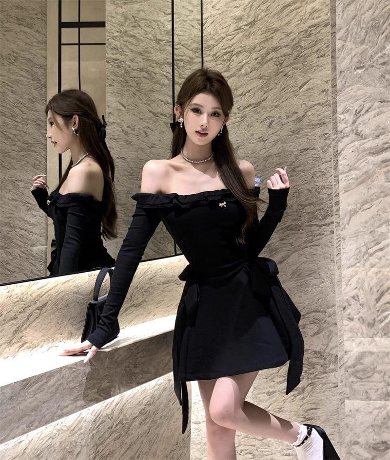 Long-Sleeve Off-Shoulder Plain Ruffle Bow Mini A-Line Dress Product Image