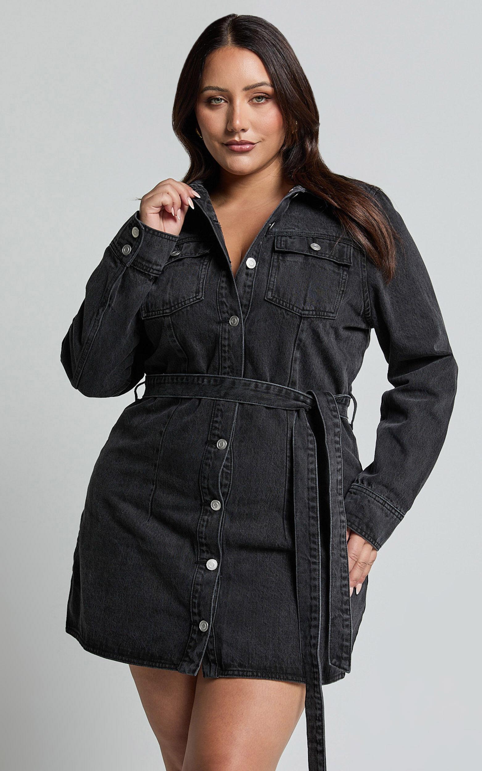 Enriquetta Mini Dress - Cotton Denim Long Sleeve Button Up Dress in Washed Black Product Image