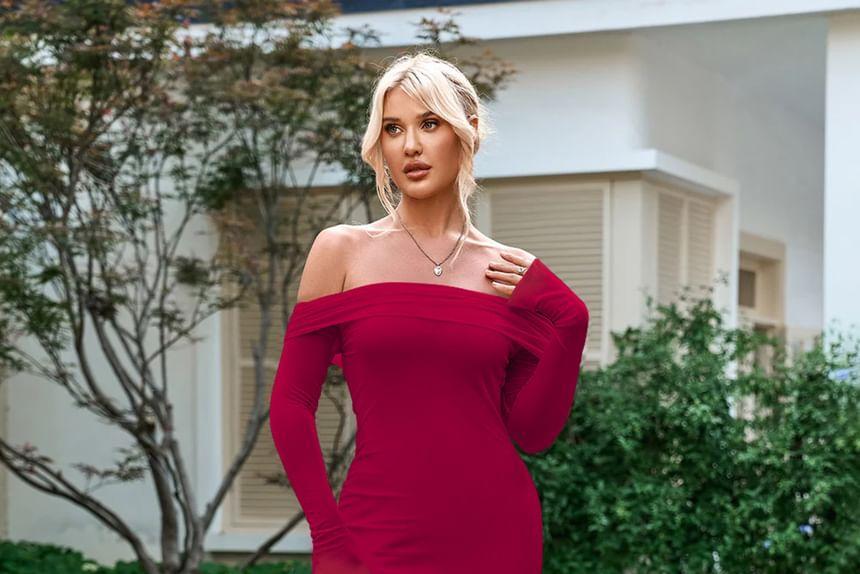 Long-Sleeve Off-Shoulder Plain Asymmetrical Ruffle Trim Open Back Maxi Bodycon Dress Product Image