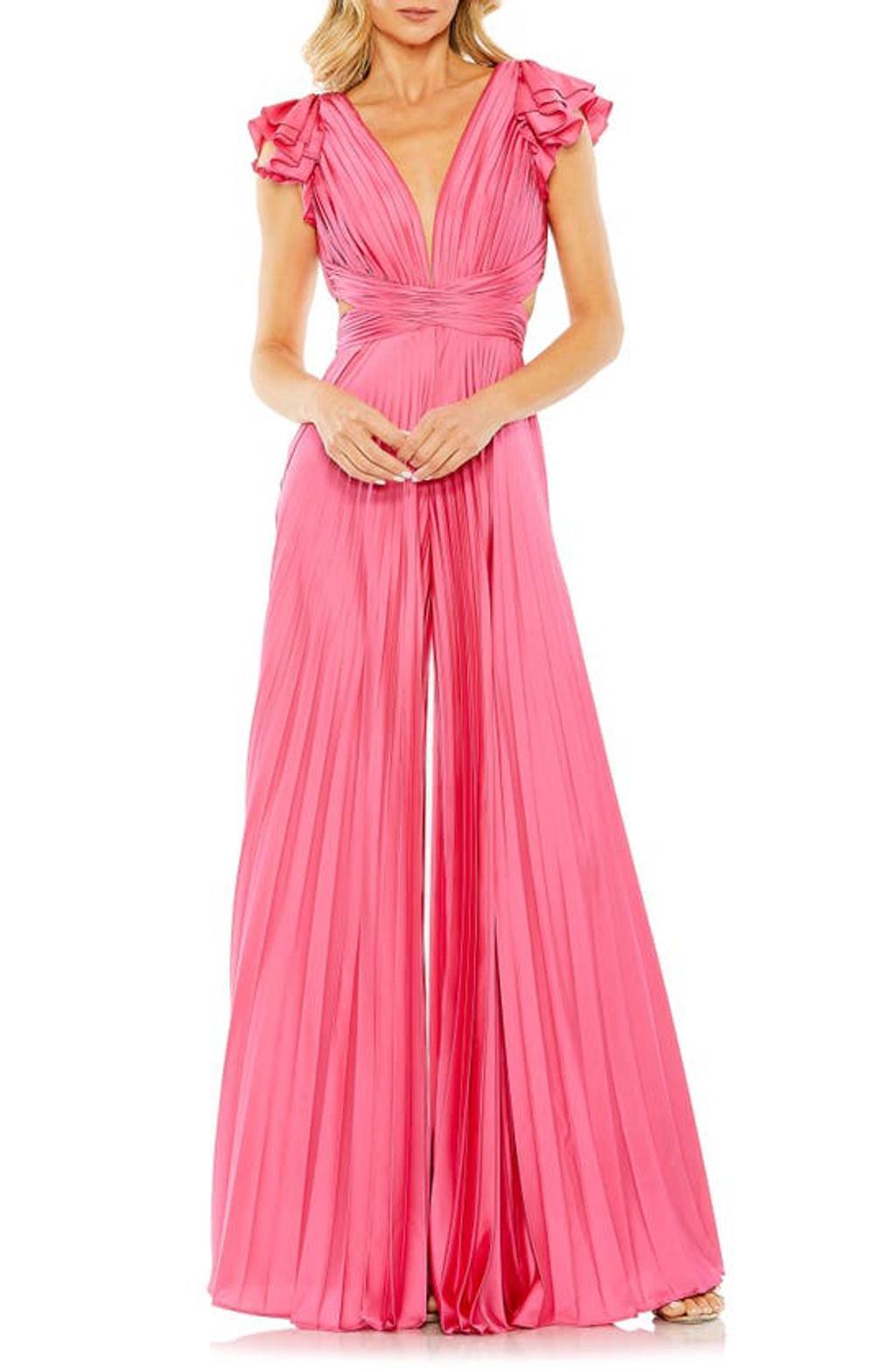 Ruffle Cap Sleeve Cutout Heat Pleated Jumpsuit In Candy Pink Product Image