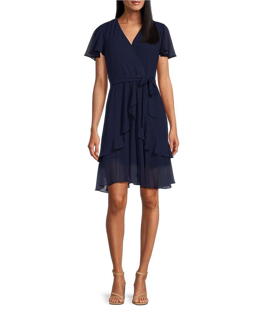 Leslie Fay Short Flutter Sleeve V-Neck Cascade Ruffle Skirt Tie Waist Faux Wrap Dress Product Image