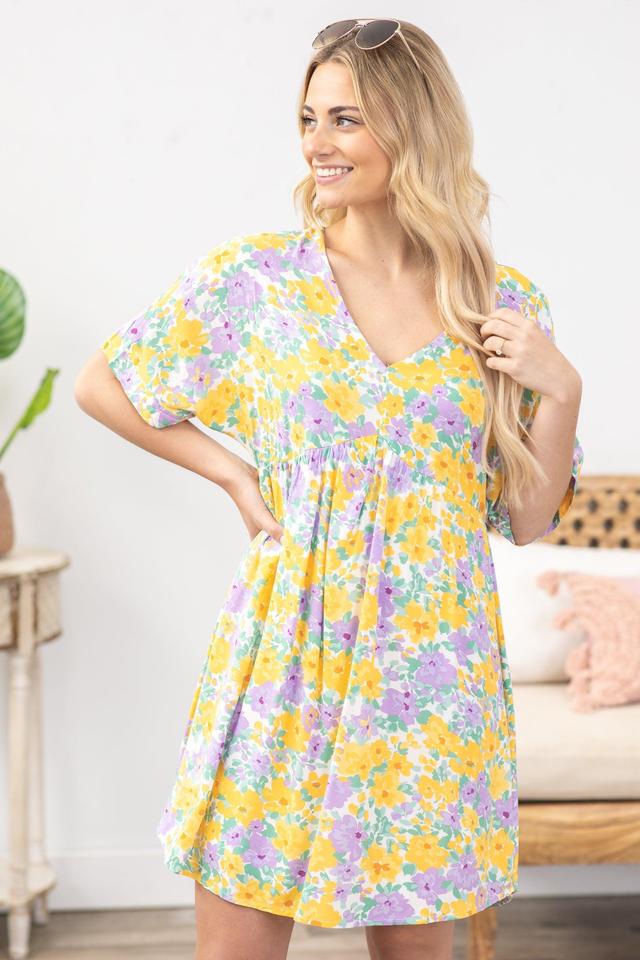 Lavender And Yellow Floral V-Neck Dress Product Image